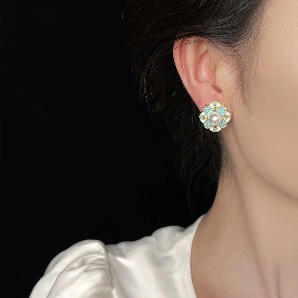 New Chinese Style Blue Enamel Geometric Floral Copper Stud Earrings