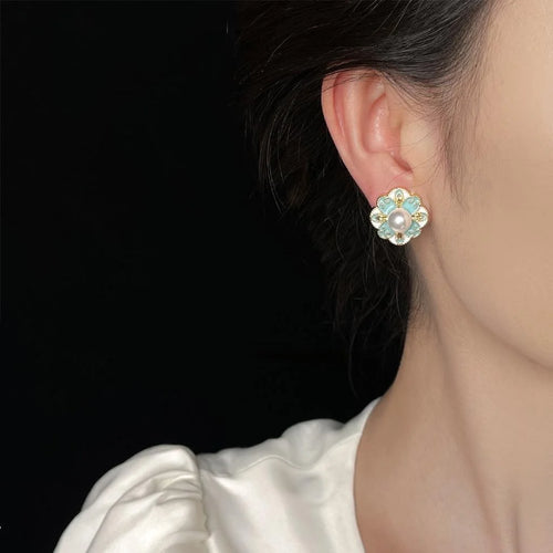 New Chinese Style Blue Enamel Geometric Floral Copper Stud Earrings