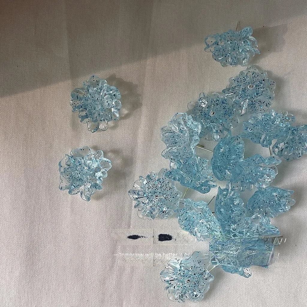 Elegant Ice Blue Resin Flower Stud Earrings With Silver Plated Pins Forest Style Sweet Jewelry