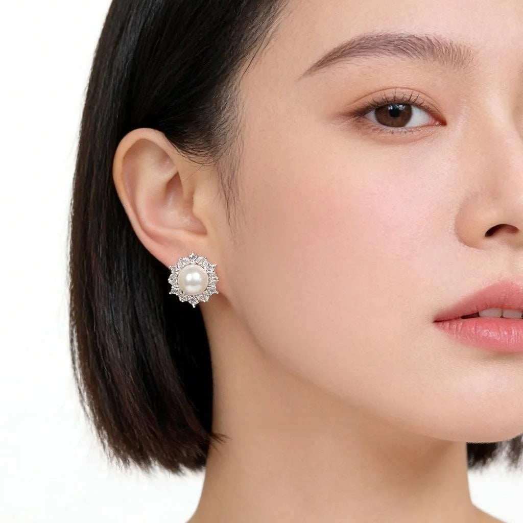 Elegant Round Geometric Zircon Glass Pearl Copper Stud Earrings