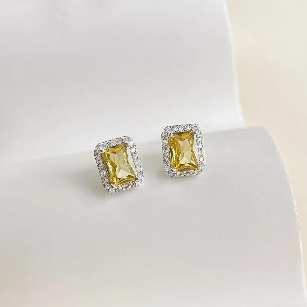 Light Luxury Geometric Rectangle Micro Pave Zircon Copper Stud Earrings With Silver Plated Pins