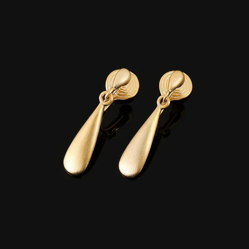 Elegant Brushed Gold Alloy Long Teardrop Spiral Disc Stud & Clip On No Piercing Geometric Drop Earrings