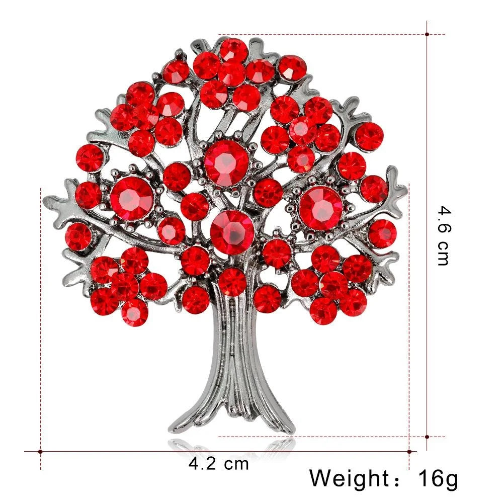 Elegant Alloy Tree Brooch With Red Rhinestones, Fashion Lapel Pin Corsage For Women Suit Accessory Gift