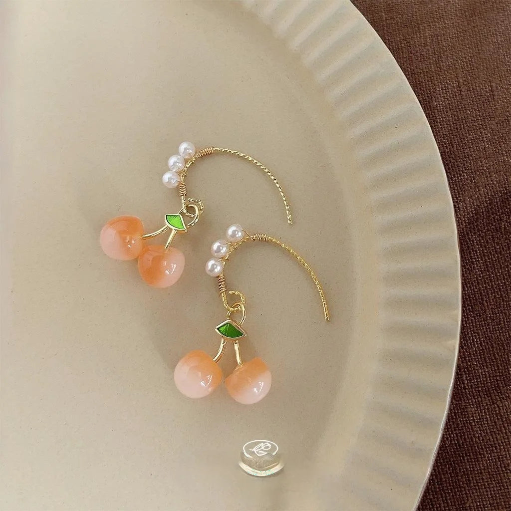 Handmade Cherry Drop Earrings With Copper And Lustrous Pearl Sweet Pastoral Fruit Jewelry