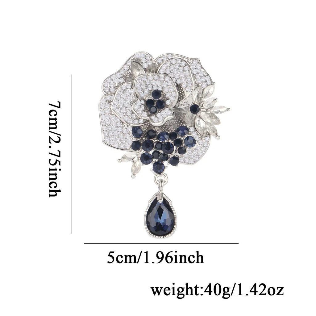 Luxury Rhinestone Rose Flower Brooch With Blue Teardrop Pendant, Alloy Zircon Lapel Pin Corsage Gift