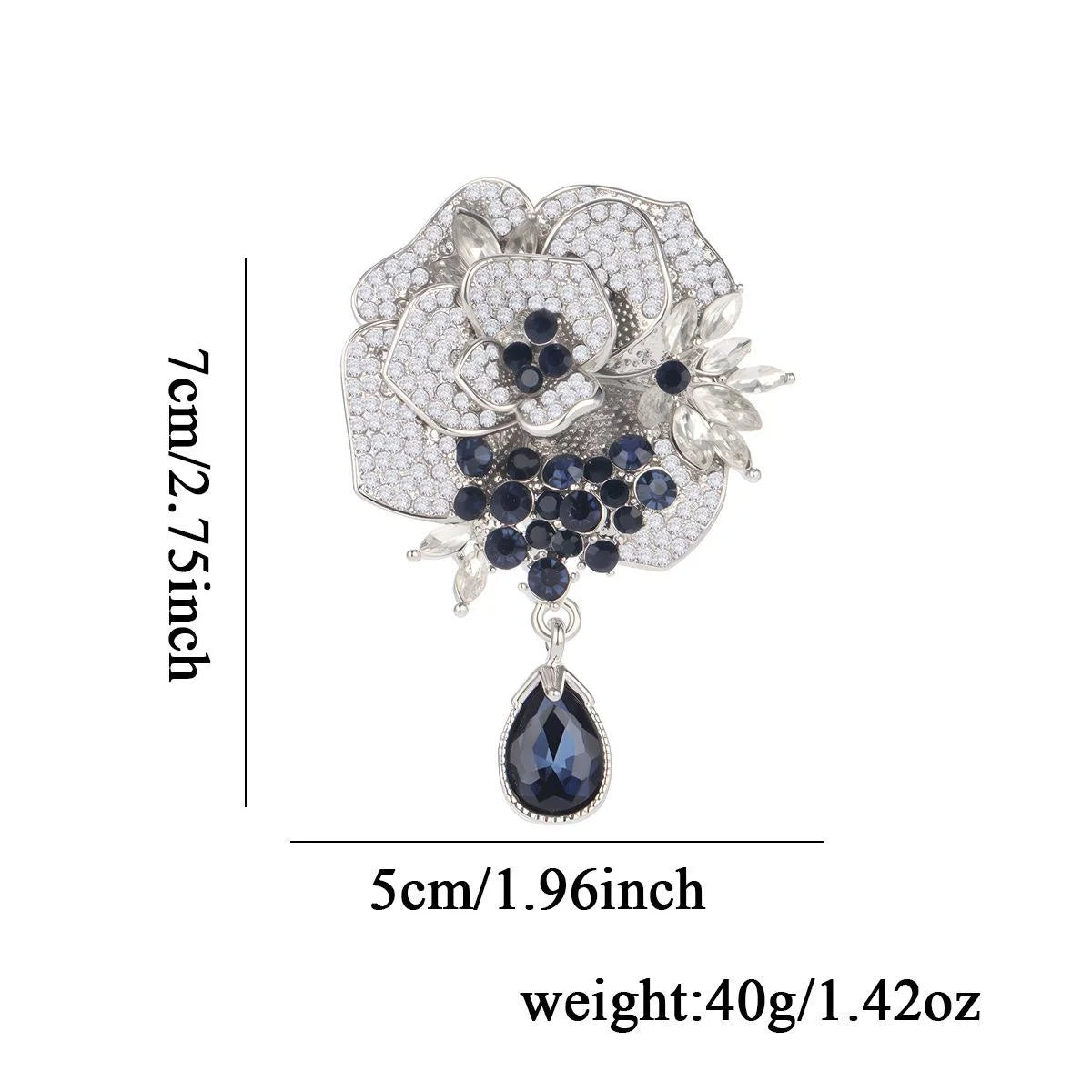 Luxury Rhinestone Rose Flower Brooch With Blue Teardrop Pendant, Alloy Zircon Lapel Pin Corsage Gift
