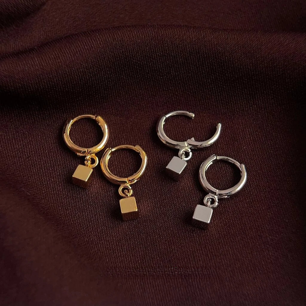 Minimalist Geometric Square Copper Stud Earrings, 3D Metallic Commuter Jewelry