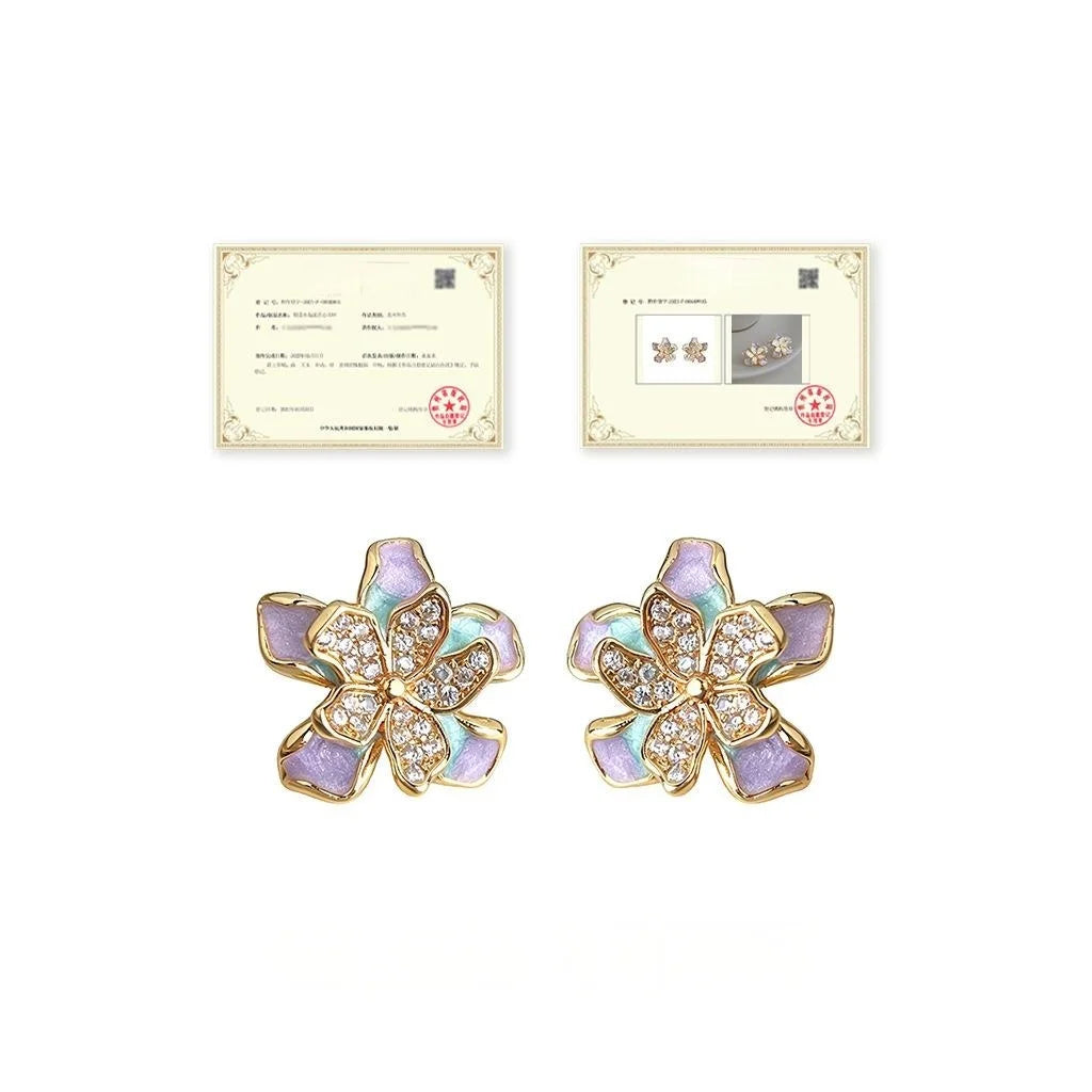 Sweet Floral Zircon Enamel Copper Stud Earrings, Designer Summer Flower Petal Jewelry