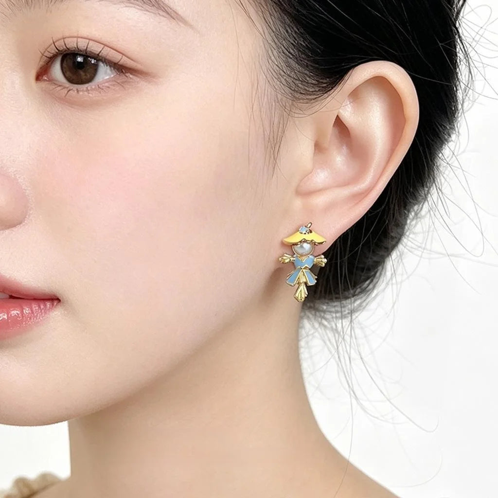 Niche Style Copper High Gloss Pearl Scarecrow Doll Enamel Hand Painted Stud Earrings