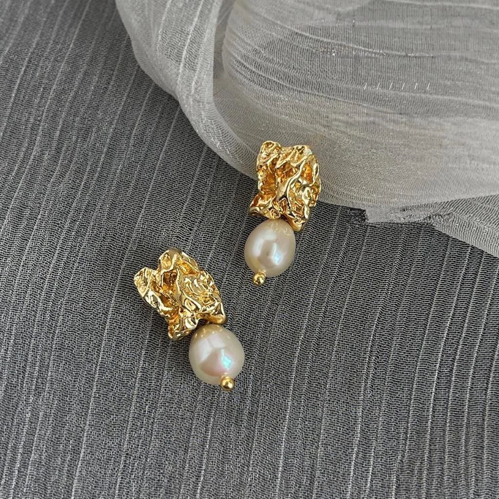 Freshwater Pearl Irregular Geometric Drop Earrings French Vintage Handmade Design for Women