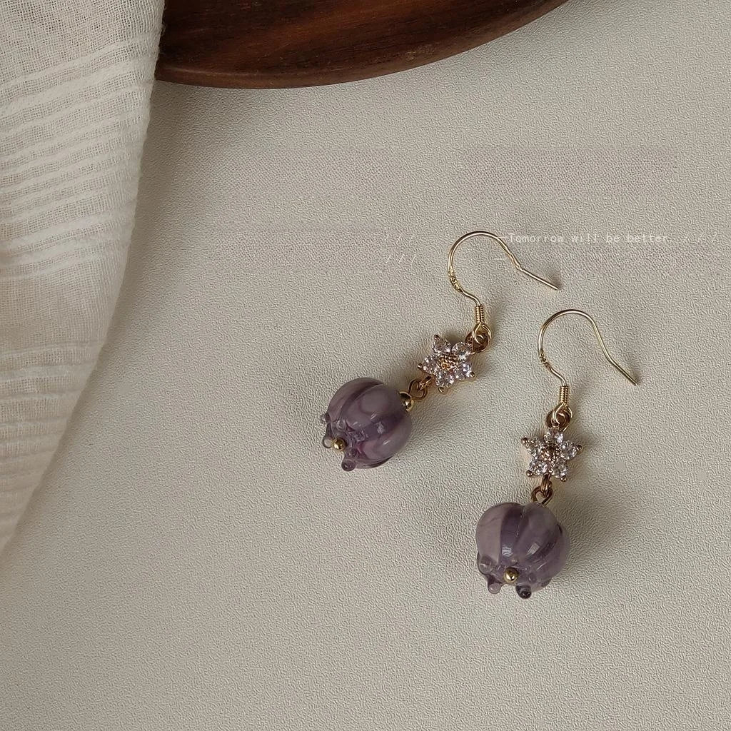 Purple Floral Glass Liuli 14K Plated Wind Chime Drop Earrings For Women
