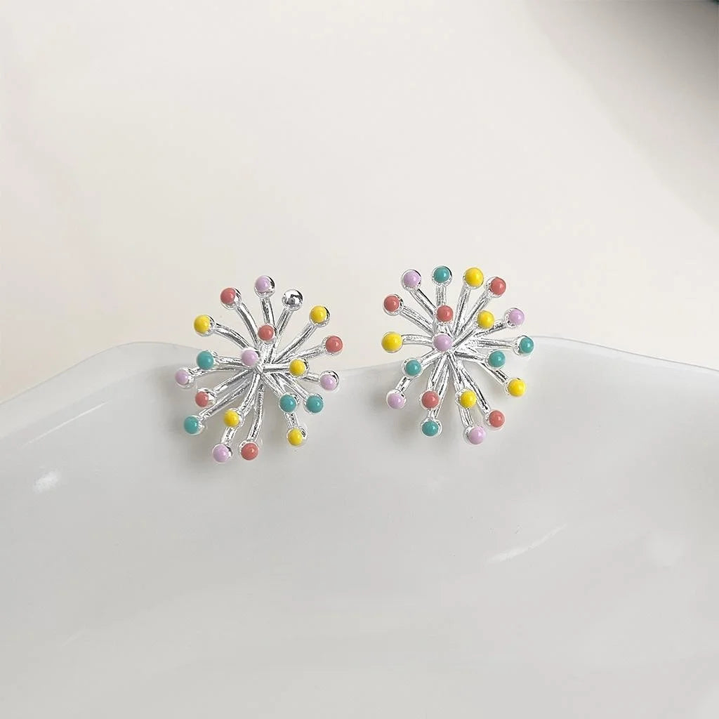 Sweet Fresh Dandelion Colorful Enamel Copper Firework Ball Stud Earrings For Women