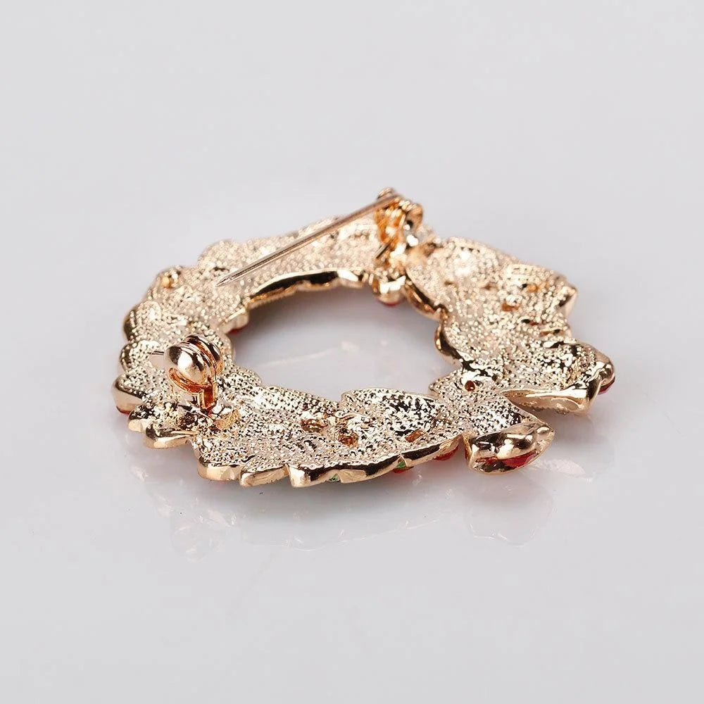 Elegant Christmas Wreath Brooch With Enamel Leaves And Rhinestones, Festive Lapel Pin Corsage Gift