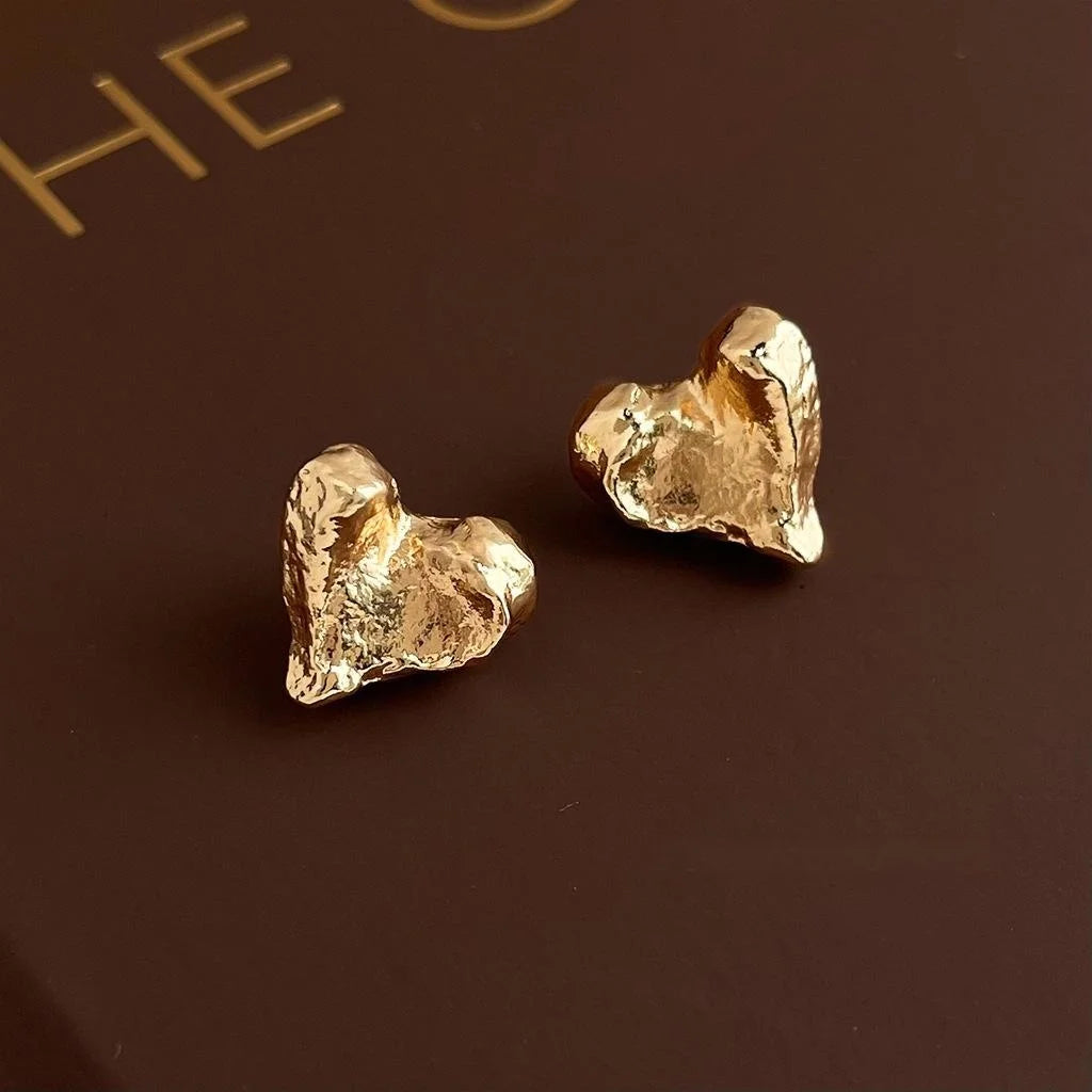 14K Plated Alloy Irregular Heart Stud Earrings Minimalist Matte Textured Jewelry