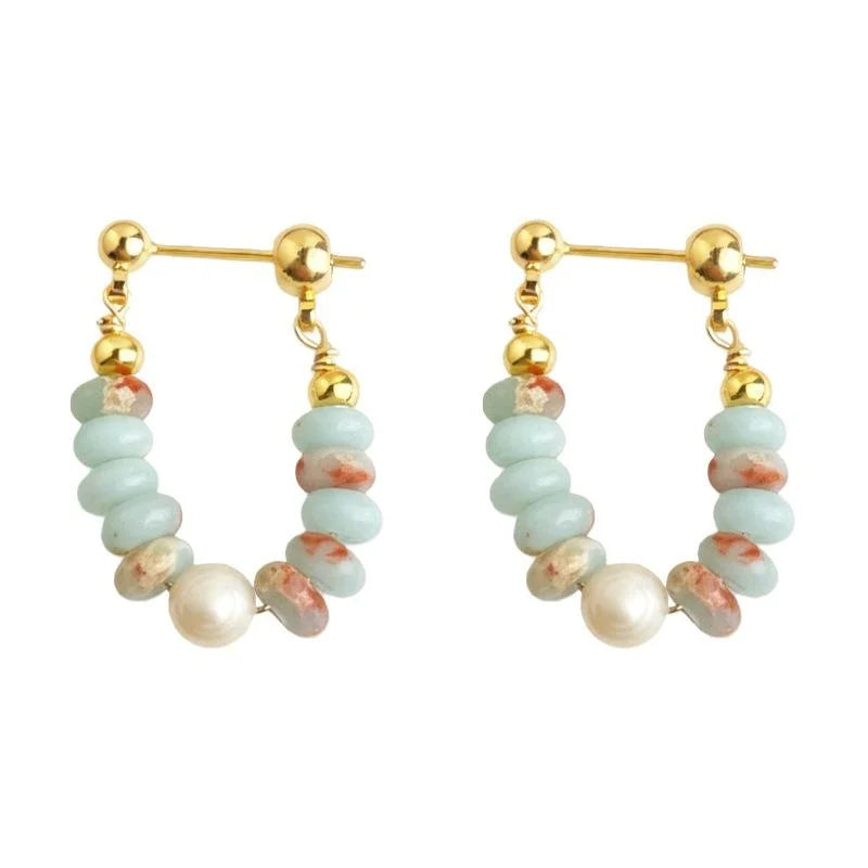 Premium New Chinese Style Synthetic Shoushan Stone Beaded Freshwater Pearl Copper Drop Earrings