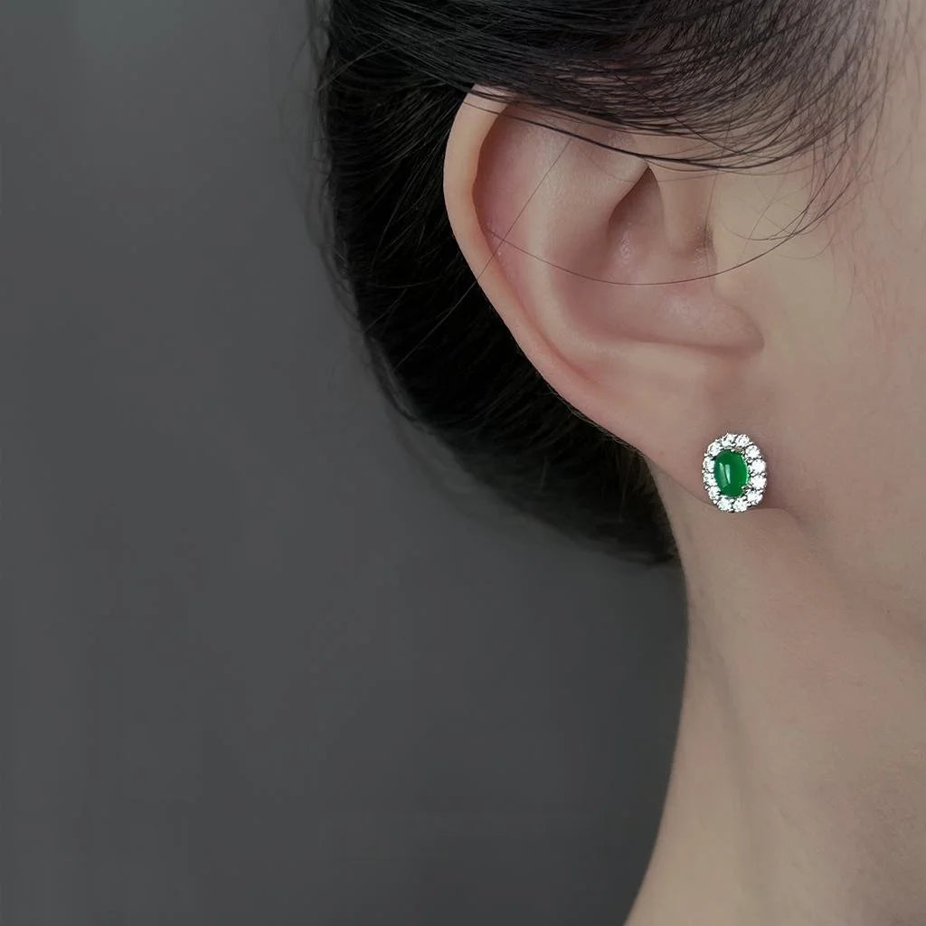 Light Luxury Oval Emerald Green Glass Zircon Micro Pave Copper Stud Earrings With Silver Plated Pins