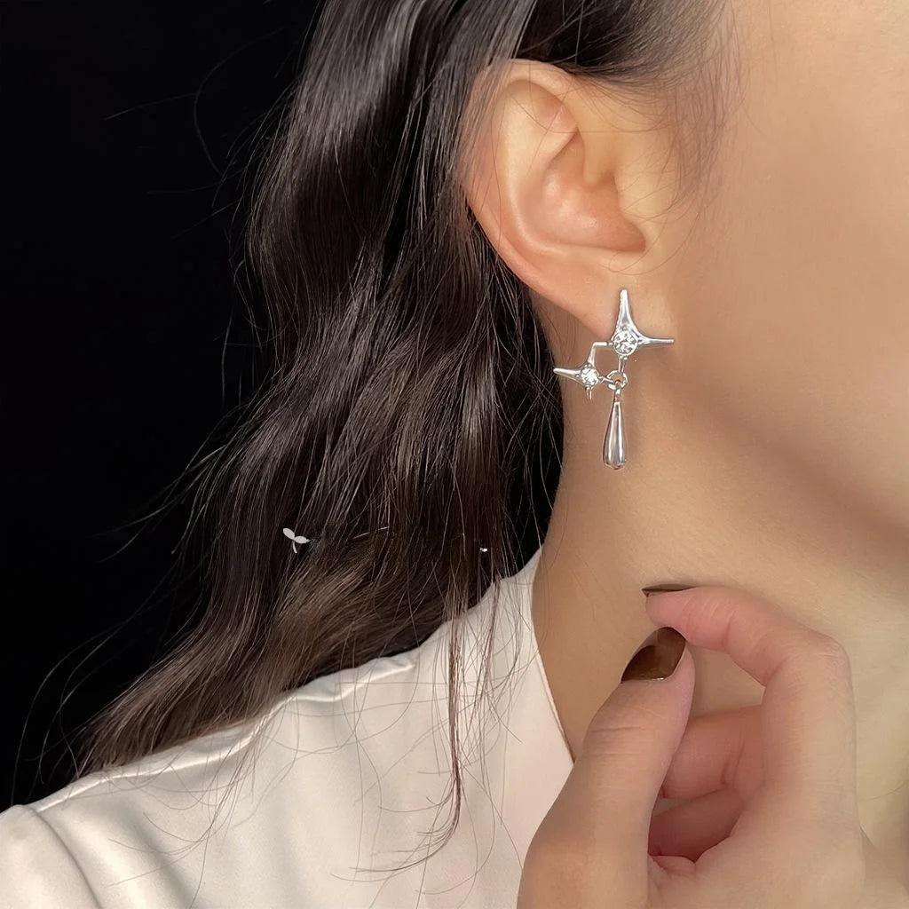 Sweet Cool Copper Star Cross Drop Earrings, Geometric Liquid Waterdrop Minimalist Jewelry