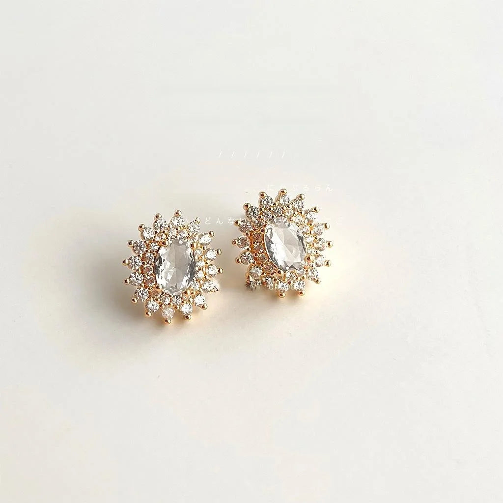 Light Luxury Copper Zircon Oval Geometric Sun Stud Earrings For Women