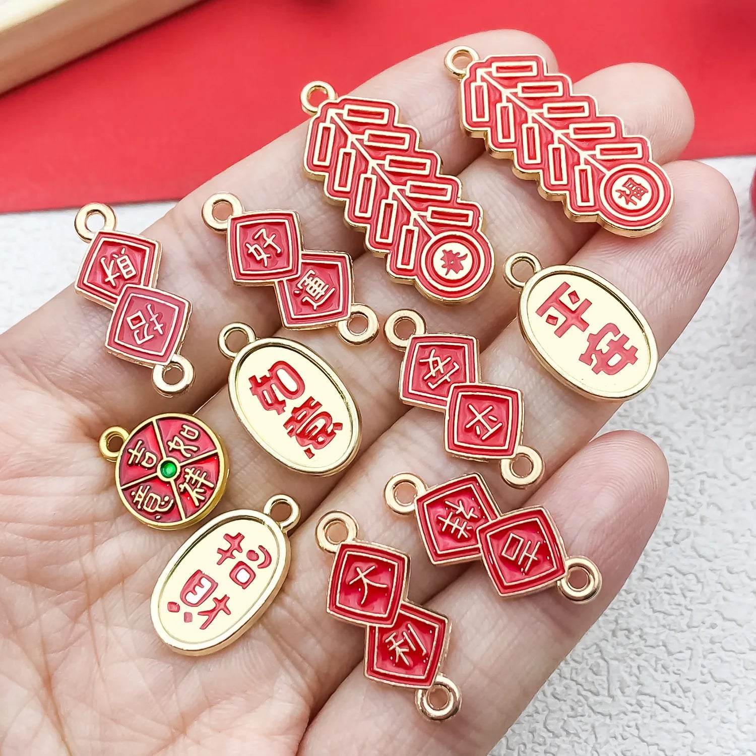 Red Zinc Alloy Fu Character Lantern Firecracker Bead for DIY New Year Jewelry