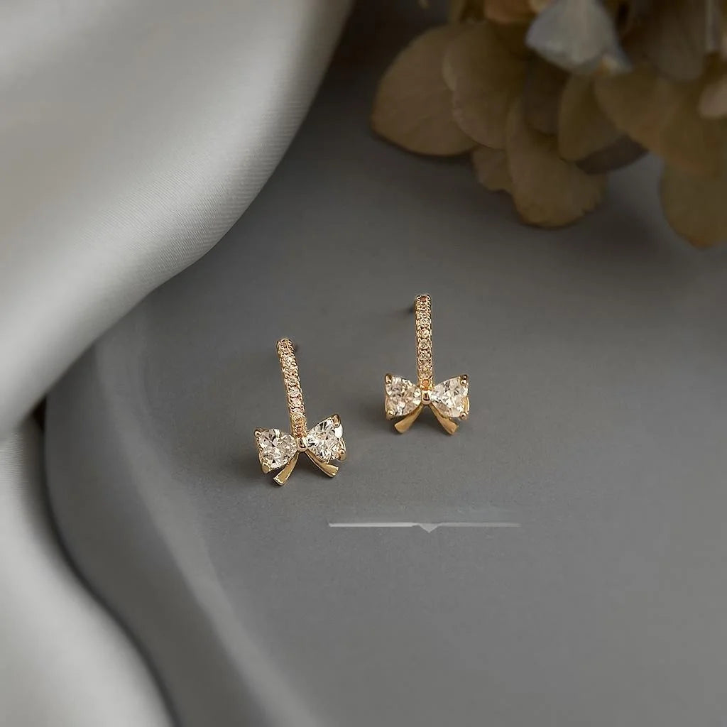 Micro Pave Zircon 14K Plated Bow Stud Earrings Sweet Minimalist Copper Jewelry