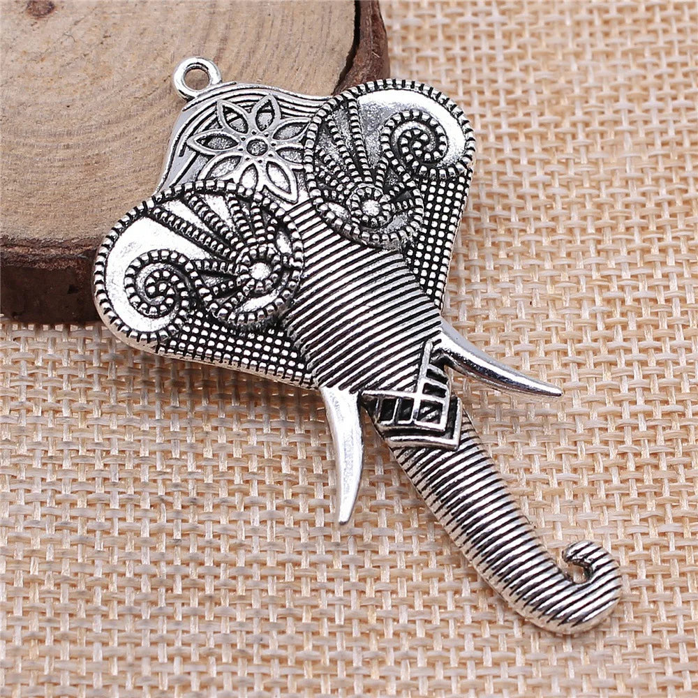 61x37mm 6.7g Multicolor Zinc Alloy Carved Elephant Head Charm Pendant for DIY Necklace Jewelry Making