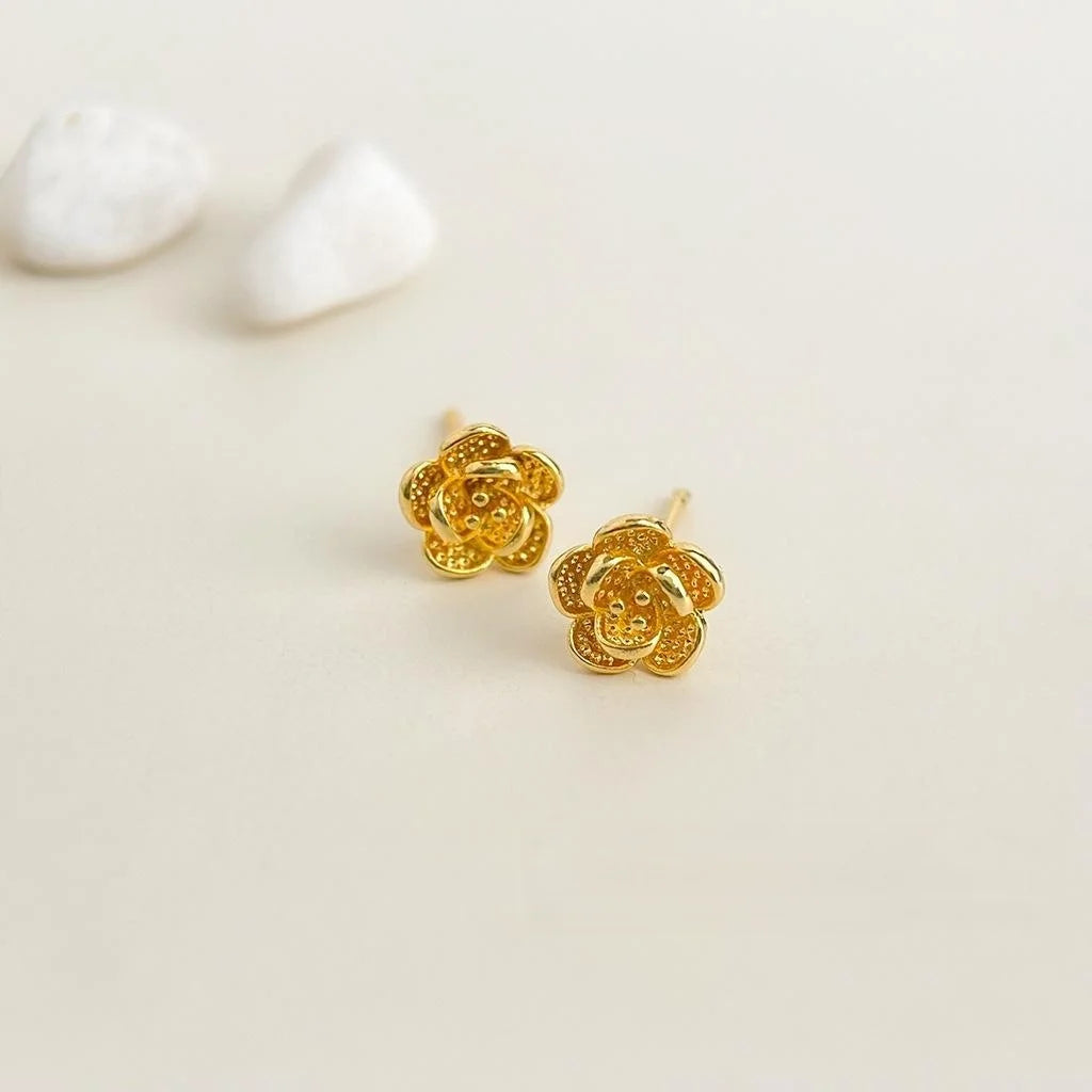 14K Gold Plated Copper 3D Rose Flower Stud Earrings Sweet Minimalist Daily Wear Jewelry