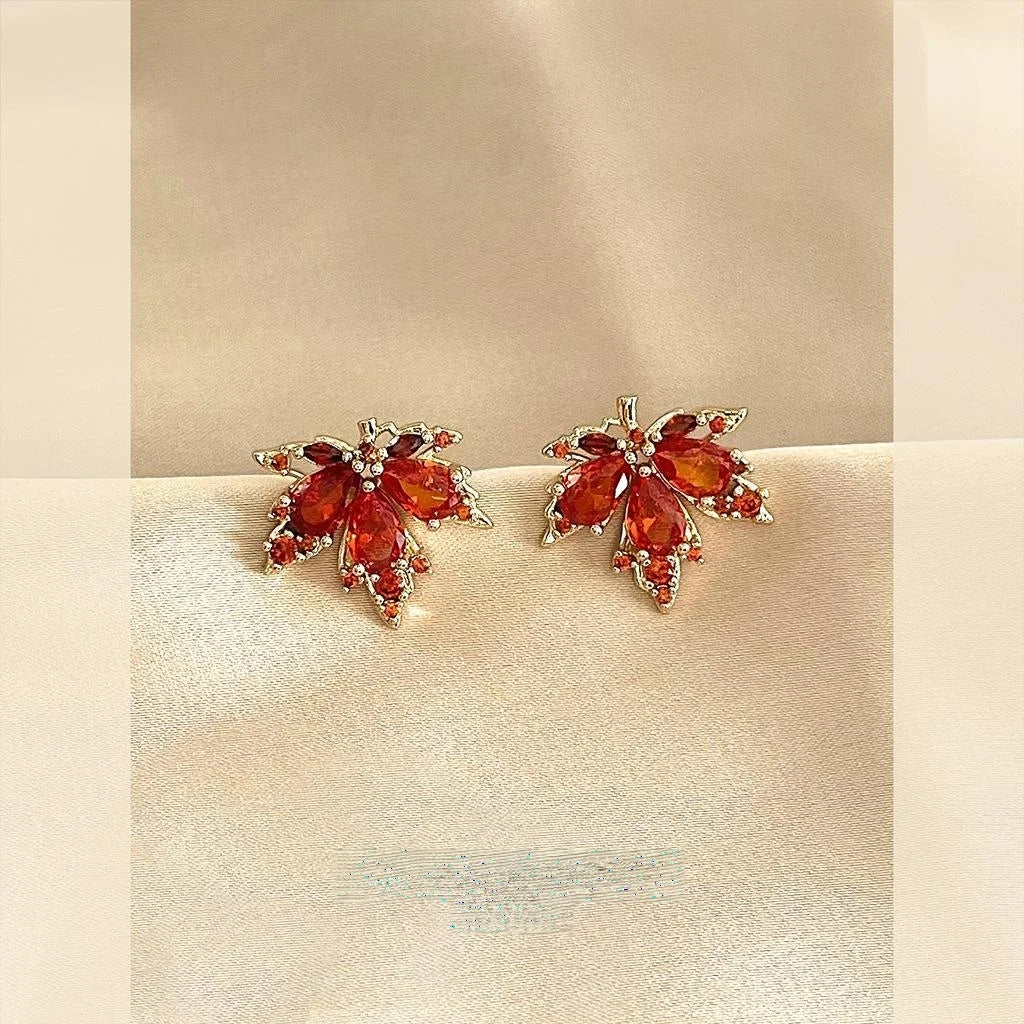 14K Plated Copper Red Maple Leaf Zircon Stud Earrings For Women, Unique Leaf Jewelry