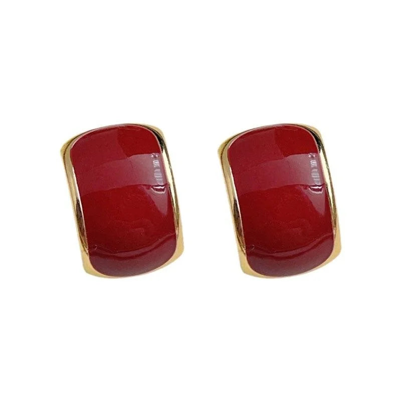 Hong Kong Style Vintage Burgundy Enamel Oval Copper 14K Plated Stud Earrings