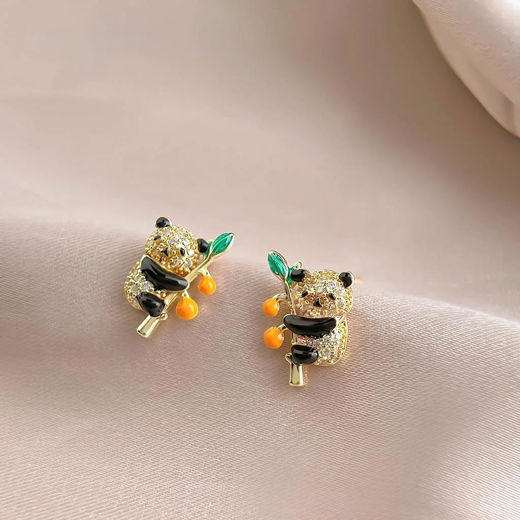 Silver Plated Copper Micro Pave Zircon Enamel Panda Stud Earrings Cute Luxury Animal Fashion Jewelry