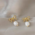 Freshwater Pearl 14K Plated Bowknot Stud Earrings Sweet Handmade Jewelry