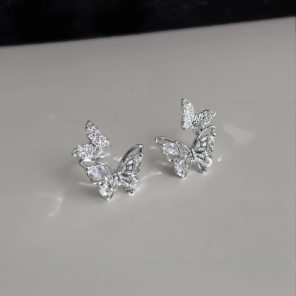 Copper Micro Pave Zircon Double Butterfly Stud Earrings Sweet Minimalist Silver Plated Pin