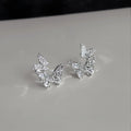 Copper Micro Pave Zircon Double Butterfly Stud Earrings Sweet Minimalist Silver Plated Pin