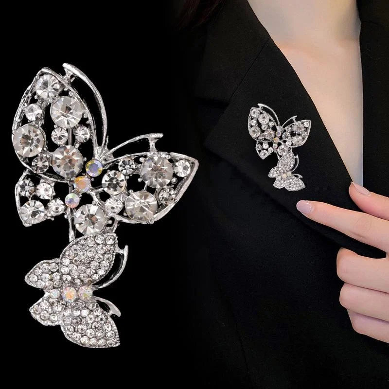 Elegant Double Butterfly Rhinestone Alloy Brooch, Sparkling Crystal Lapel Pin Corsage For Women's Suits