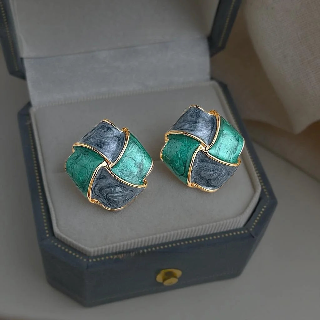 French Vintage Geometric Square Copper Stud Earrings With 14K Plated Enamel Design