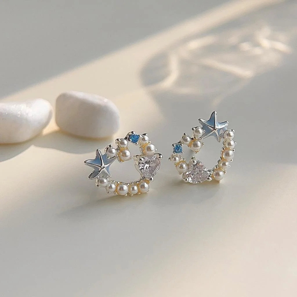 Sweet Vacation Zircon Starfish Heart Hoop Stud Earrings, Copper