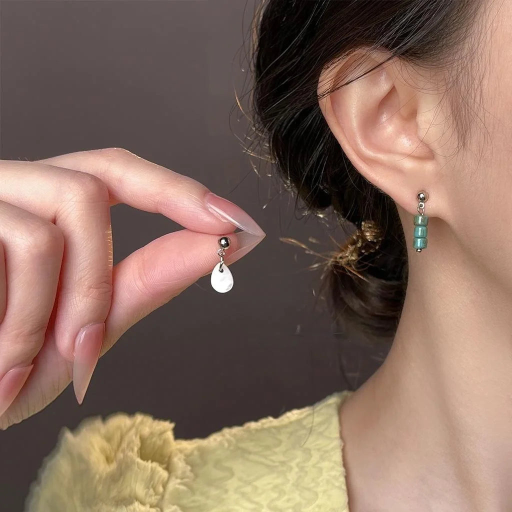 Vintage New Chinese Asymmetric Teardrop Shell Glazed Glass Handmade Drop Earrings