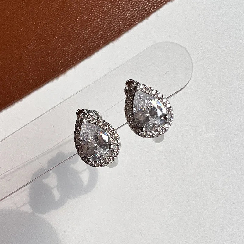 Elegant Teardrop Zircon Hoop Stud & Clip On No Piercing Screw Back Office Fashion Earrings