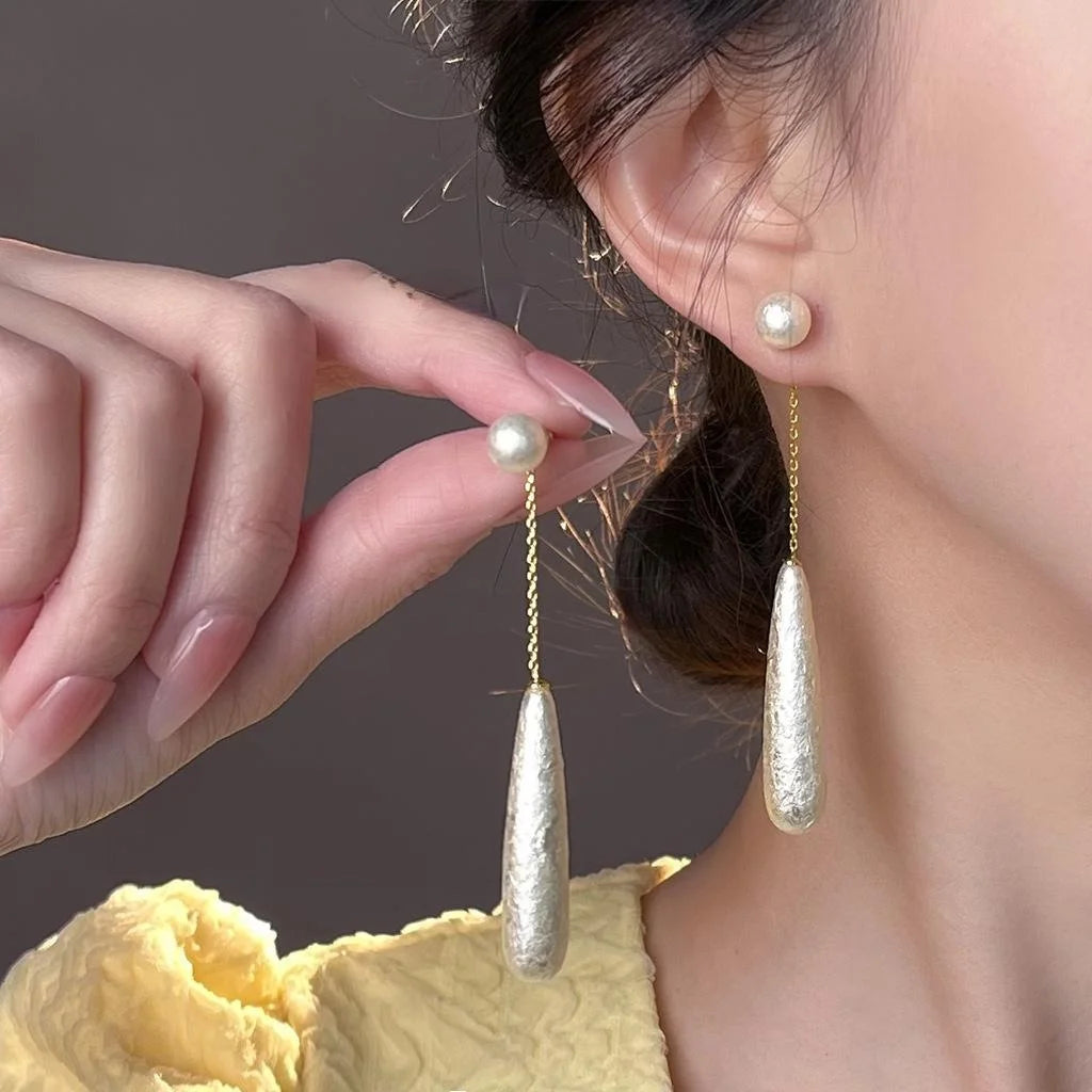French Vintage Long Snowflake Pearl Teardrop Pendant Drop Earrings For Women
