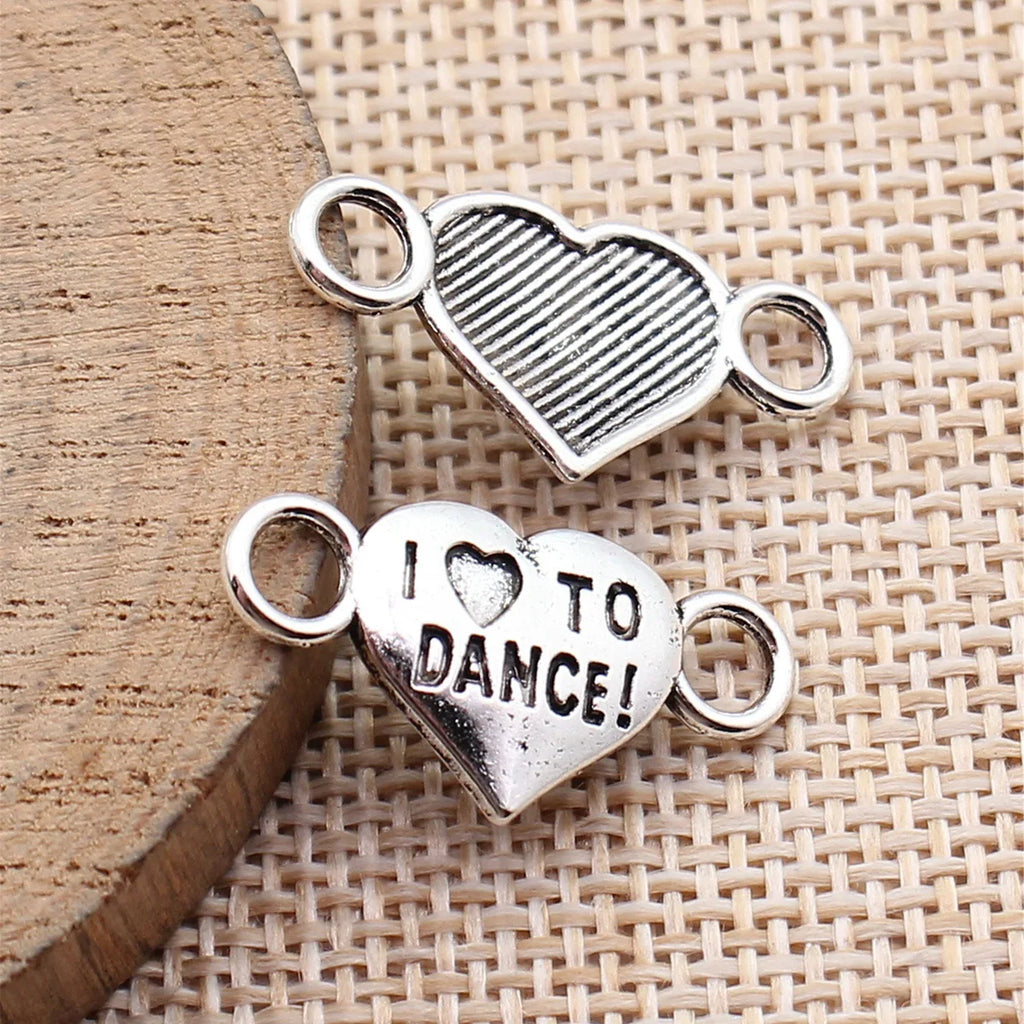 25x13mm 1.1g Antique Silver Zinc Alloy I Love Dance Heart Connector Charm for DIY Bracelet Jewelry Making