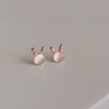 Sweet Rose Gold Copper Rabbit Stud Earrings With Glass Cat Eye Stone And Enamel Animal Design