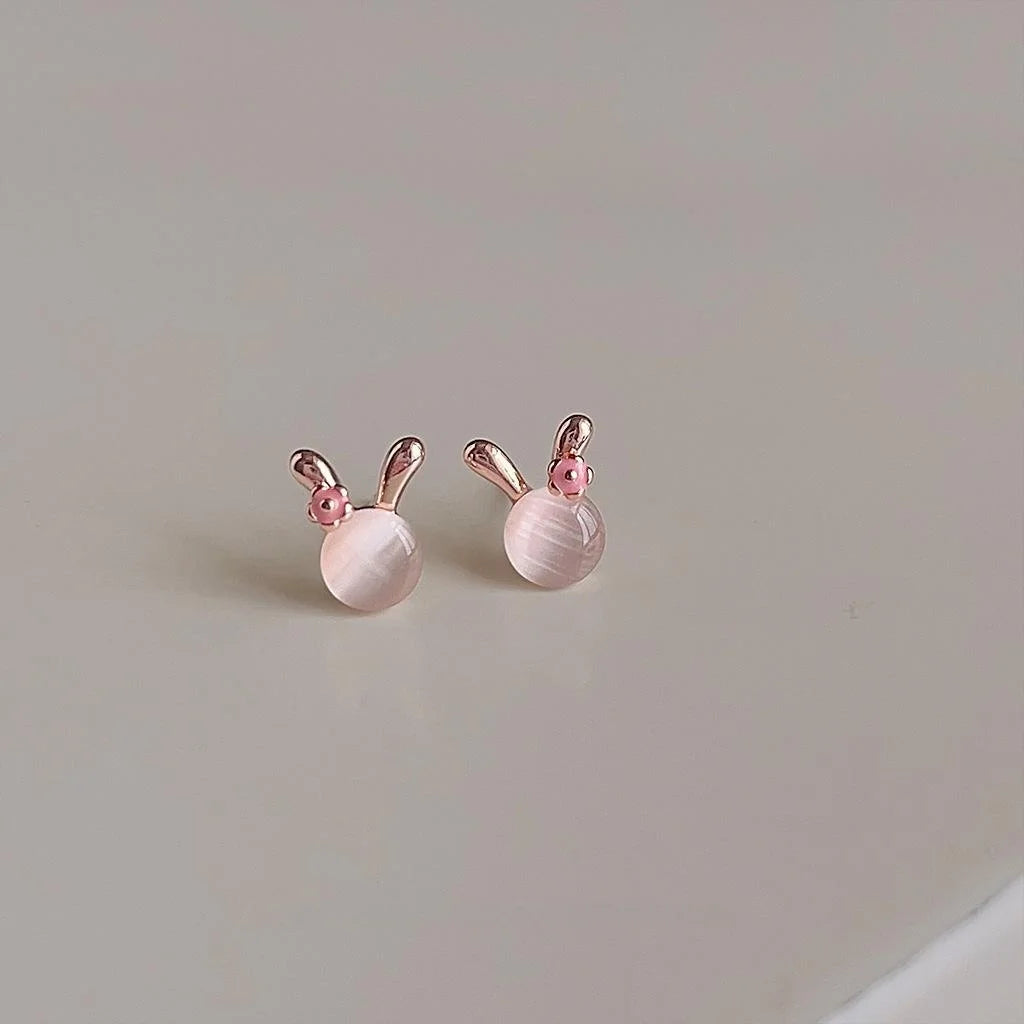 Sweet Rose Gold Copper Rabbit Stud Earrings With Glass Cat Eye Stone And Enamel Animal Design