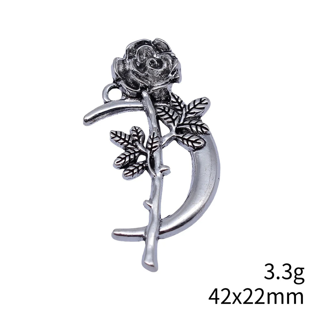 42x22mm 3.3g Antique Silver Zinc Alloy Moon Rose Flower Charm Pendant for DIY Necklace Jewelry
