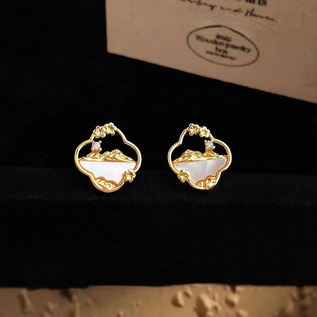 14K Gold Plated Copper Shell Flower Petal Micro Pave Zircon Light Luxury Stud Earrings