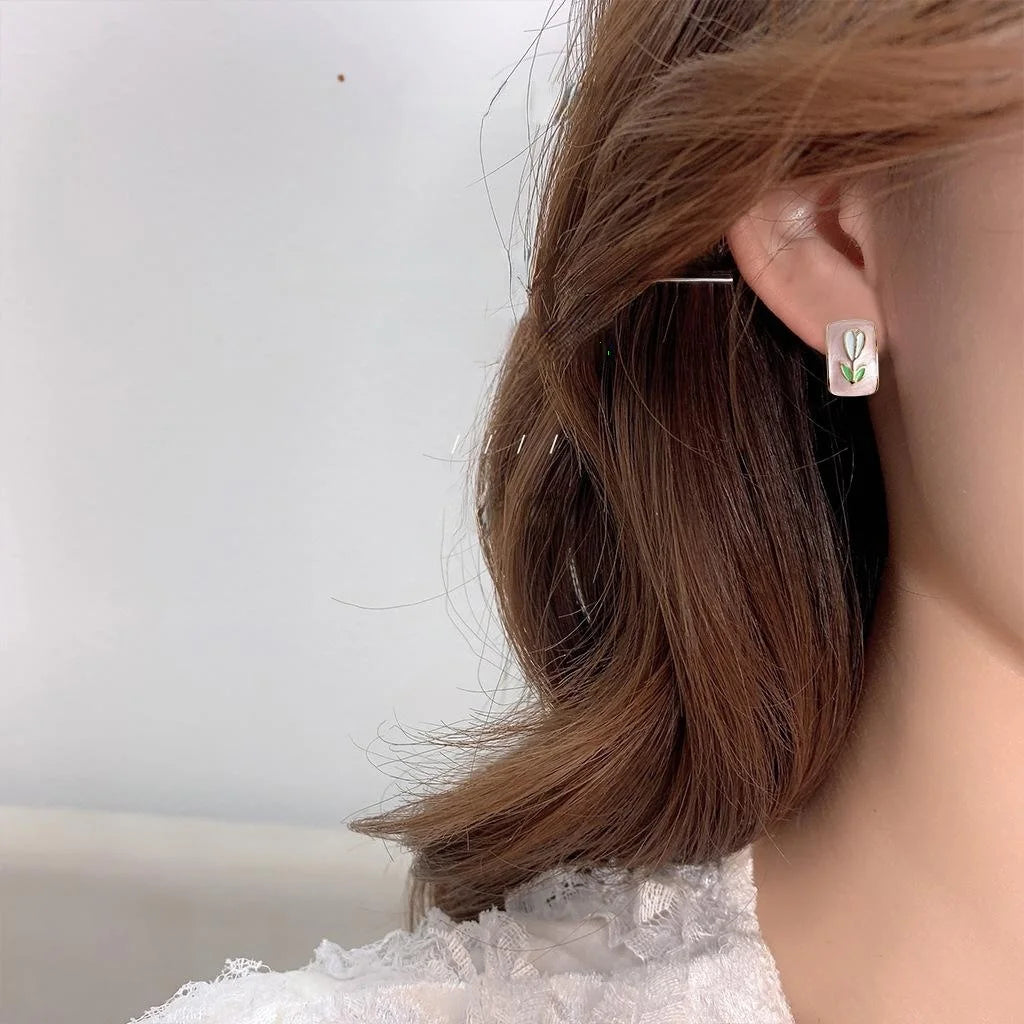 Sweet Pink Tulip Enamel Copper Stud Earrings Fresh Floral Geometric Spring Summer Jewelry