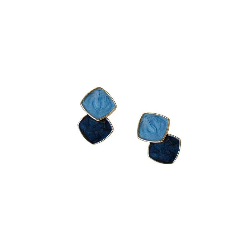 14K Plated Alloy Blue Enamel Square Geometric Stud Earrings