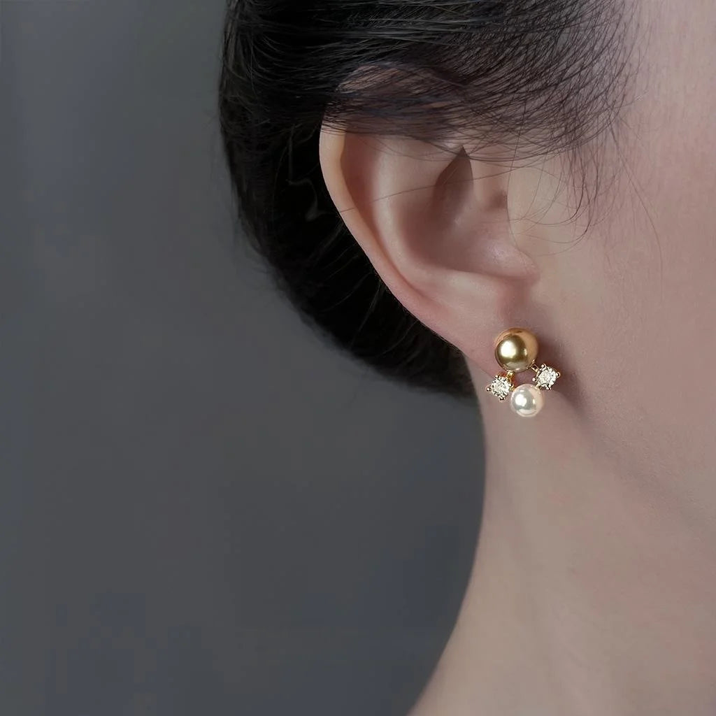 14K Plated Copper Coffee Pearl Zircon Micro Pave Maillard Style Stud Earrings