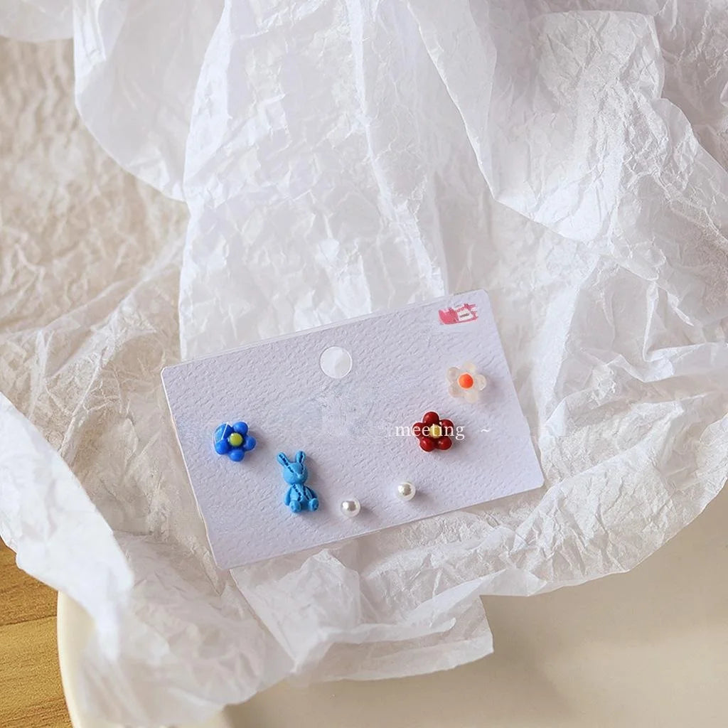Cute Resin Rabbit Flower Stud Earrings With Silver Plated Posts, Korean Japanese Mini Style