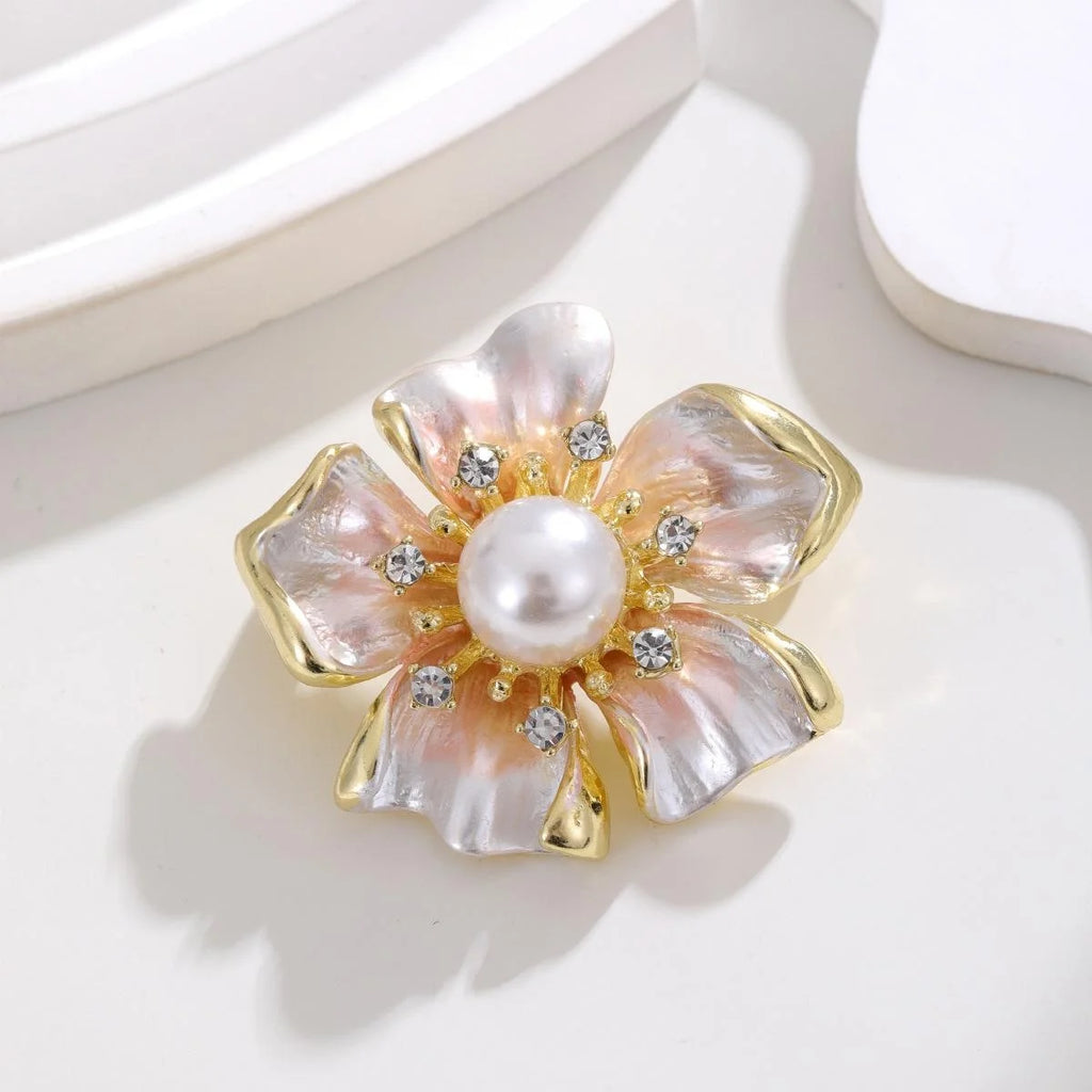 Elegant Gold Tone Flower Brooch With Mother Of Pearl Petals, Faux Pearl And Rhinestone Lapel Pin Gift