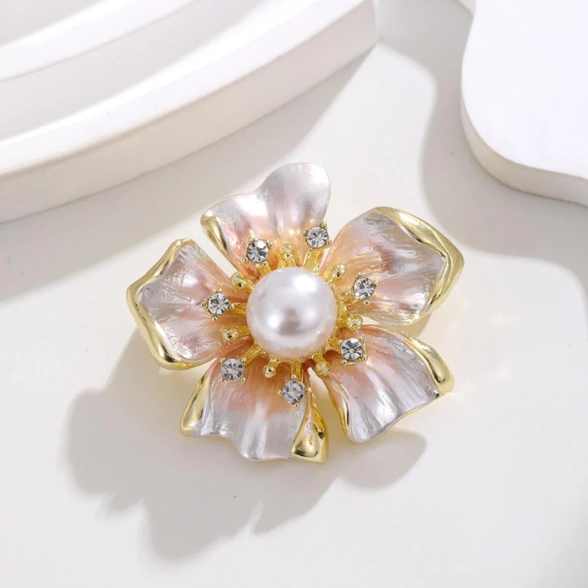 Elegant Gold Tone Flower Brooch With Mother Of Pearl Petals, Faux Pearl And Rhinestone Lapel Pin Gift