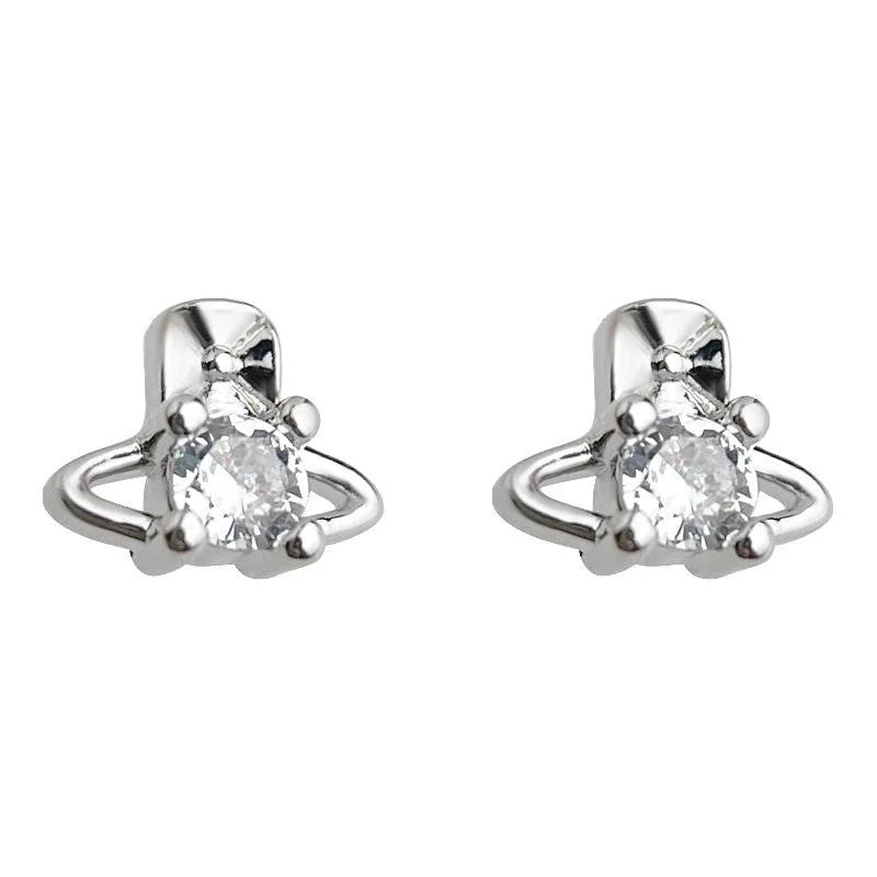 Mini Saturn Zircon Stud Earrings For Women, Copper, Simple Geometric Style